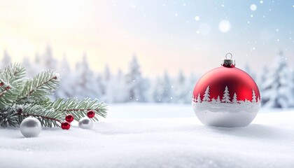 Christmas white background with snow and ornaments