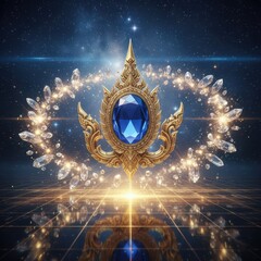 A sacred golden Thai emblem with a blue sapphire floats above a futuristic glowing grid in a cosmic space