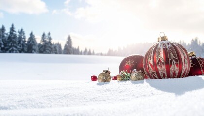 Christmas white background with snow and ornaments