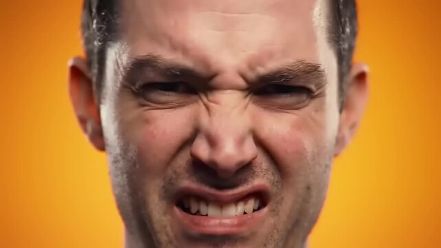 A man grimaces with his eyes squeezed shut and teeth bared in a close-up studio portrait against an orange background.
