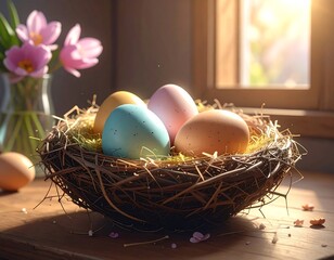 Obraz premium Pastel eggs in a nest by a window. Springtime scene