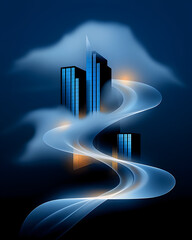 Futuristic cityscape illustration with glowing light trails, symbolizing innovation and progress in business, ideal for technology and finance brands