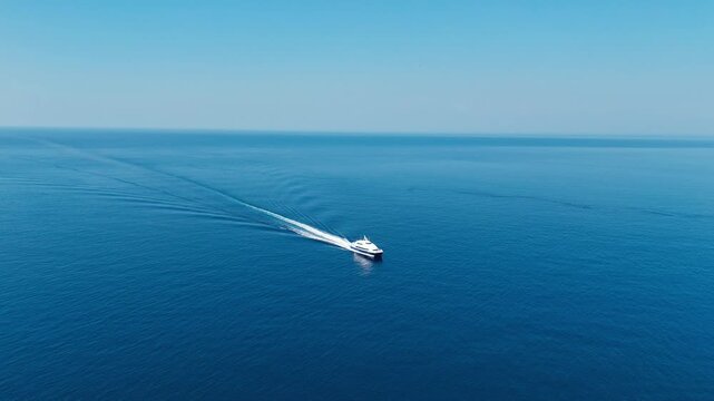 
A peaceful scene of a small boat sailing on calm blue sea under clear sky. Gentle waves sparkle in the sunlight, creating a serene and relaxing atmosphere. Ideal footage for travel videos, nature bac