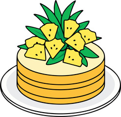 Cartoon Pineapple Cake with Sliced Fruit and Leaves – Simple Vector Dessert Illustration on White Plate