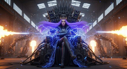 Industrial Queen on Sound System Throne Generating Blue Lightning Energy