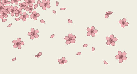Delicate Pink Cherry Blossoms and Petals Floating on Cream Background