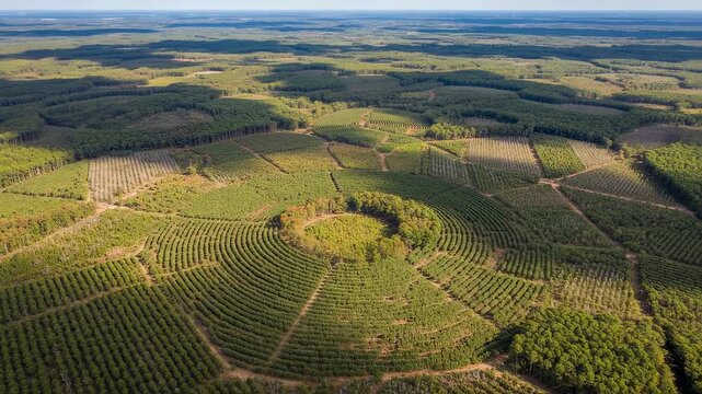 Aerial medium shot capturing drone footage over a vast tree plantation highlighting patterns and variations in forest density and tree health across the landscape.