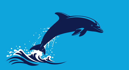 Naklejka premium Navy Blue Dolphin Leaping from White Waves, Vector Illustration