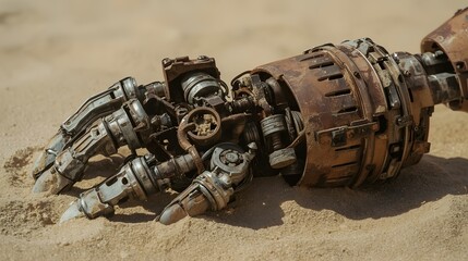 A close-up of a heavily rusted and worn robotic forearm and hand, lying partially buried in the dry, beige sand of a desert or wasteland