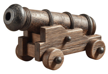 Antique ornate cannon on wooden carriage with black background