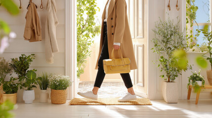 Woman wearing a stylish coat and carrying a yellow handbag, walking through a bright, plant-filled entrance hall