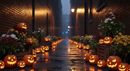 Obraz premium Spooky Halloween Alley with Glowing Jack-o-Lanterns and Autumn Flowers at Night.