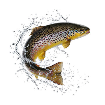 Graceful brown trout leaping from the water, surrounded by a splash of refreshing droplets, capturing the essence of nature's raw beauty and the thrill of fishing adventures