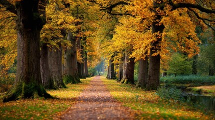 Pathway lined with oak trees in autumn, golden leaves falling gently and carpeting the walkway