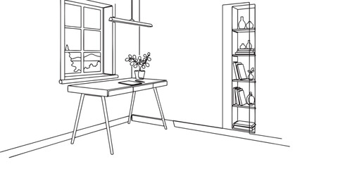 Sketch art minimalist line drawing of a modern home office interior with desk, bookshelves, and window view. Perfect for decoration, architecture, furniture design, cozy lifestyle