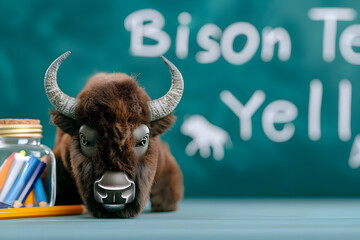 Adorable bison mascot doll in a classroom setting with colorful pencils and a playful, educational vibe perfect for school spirit campaigns
