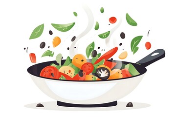 Hot pan with vegetables being tossed as steam lifts upward