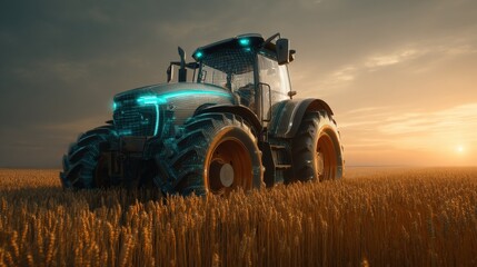 Obraz premium Futuristic tractor with blue digital overlay in a ripe wheat field Agriculture