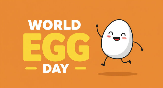 Celebrate World Egg Day with this fun and playful design featuring a cute, running egg cartoon character on a vibrant orange background, perfect for social media and promotions - Powered by Adobe