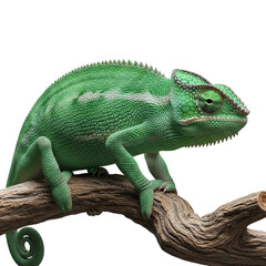 Obraz premium A vibrant green panther chameleon perched gracefully on a weathered branch, isolated on white background, showcasing its unique texture and color
