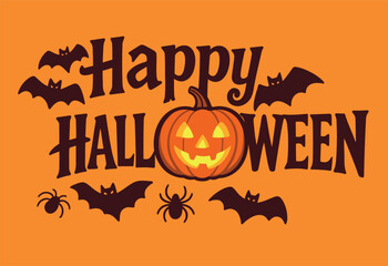 Vintage Halloween Typography with Pumpkin Letter O, Bats, and Spiders on Teal Background Vector Illustration