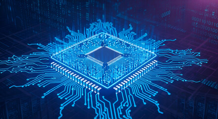 Processor On Circuit Board With Binary Code Overlay