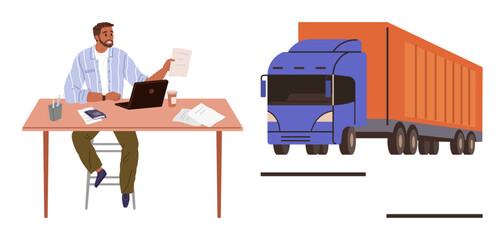 Man seated at desk with laptop and documents reviews transport papers. Blue and orange freight truck on road. Ideal for logistics, transportation, management, shipping, analysis, delivery, supply