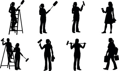 Obraz premium Cleaning service workers in action with tools, ladder, spray, mop, bucket, silhouette set for hygiene, janitorial, maintenance concepts