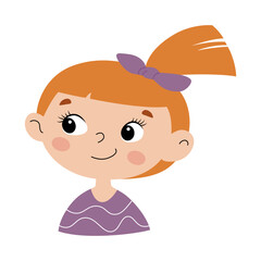 Cute portrait of a girl with a ponytail and a bow, red hair, vector illustration of a child's face from a cartoon for kids design, avatar, clipart, isolated on a white background