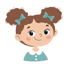 Cute little girl portrait with pigtails and bows, cartoon child face vector illustration for children design, avatar, clipart isolated on white background