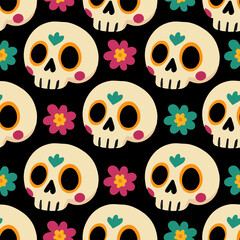 Day of the Dead skull pattern with flowers on black background. Bright festive design featuring cute cartoon skulls and colorful flowers inspired by Dia de los Muertos for wallpapers, textiles 