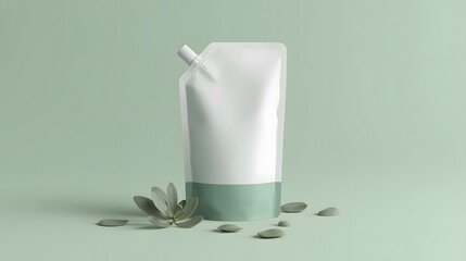 Blank White Spout Pouch Doypack Refill Mockup with Sage Plant and Stones