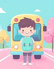 Fototapeta premium Cheerful Pastel Kawaii Illustration of Bus Ride with Cute Character