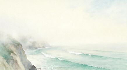 Misty Coastal Cliffs Watercolor Seascape