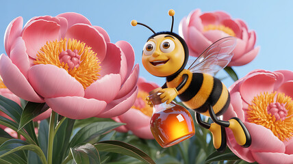 Fototapeta premium Happy Cartoon Bee Character Flying with Honey Jar near Pink Peonies Against a Blue Sky, 3D Rendered Illustration for Children's Book or Honey Product