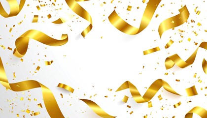 Gold ribbons and confetti scattered on white background, creating a celebratory frame with empty space in the center ideal for text or images