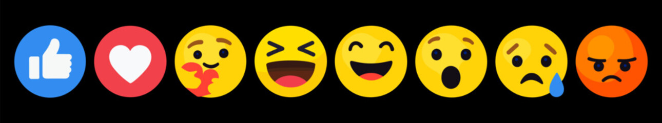 Emoji reaction faces set. Vector emoticon icons with like love laugh wow sad and angry expressions.