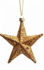 Gold star Christmas ornament hangs; isolated. Festive decoration for holidays