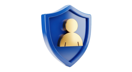 Isolated User profile security shield, gold person icon on blue background protection