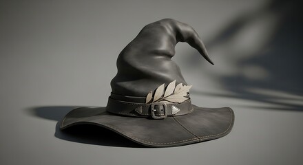Witch Hat with Pointed Top and Leather Hat with Feather Details on Gray Surface
