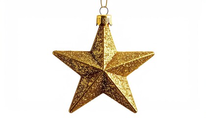 Gold star ornament hangs against a white backdrop for holiday decoration use