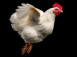 White hen in flight against black