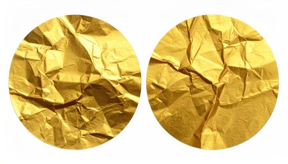 Gold wrinkled paper circles for gift wrapping, decoration. Isolated on white use