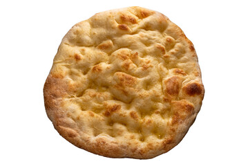 Typical Italian flatbread called focaccia or schiacciata isolated on white with clipping path included, top view