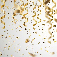 Golden confetti and serpentine streamers descend on a light gray background, creating a celebratory and festive atmosphere