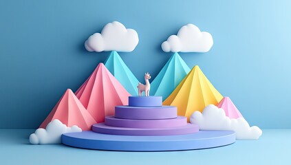 Fototapeta premium Colorful mountainscape with llama, platform, and clouds