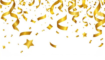 Golden confetti and streamers falling on a white background for celebratory use