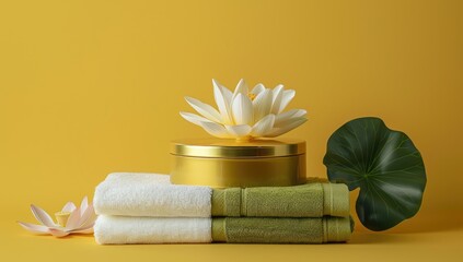 Golden container atop folded towels, adorned with a white lotus flower and lily pad against a yellow backdrop
