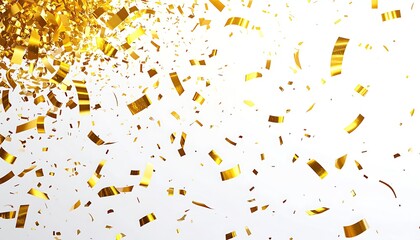 Golden confetti bursts across a white background, creating a celebratory and festive feel.  The confetti pieces vary in size and orientation, suggesting movement and dynamism