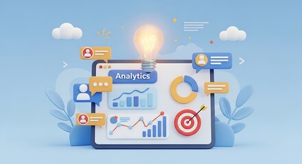 Analytics dashboard with lightbulb for idea generation on blue background